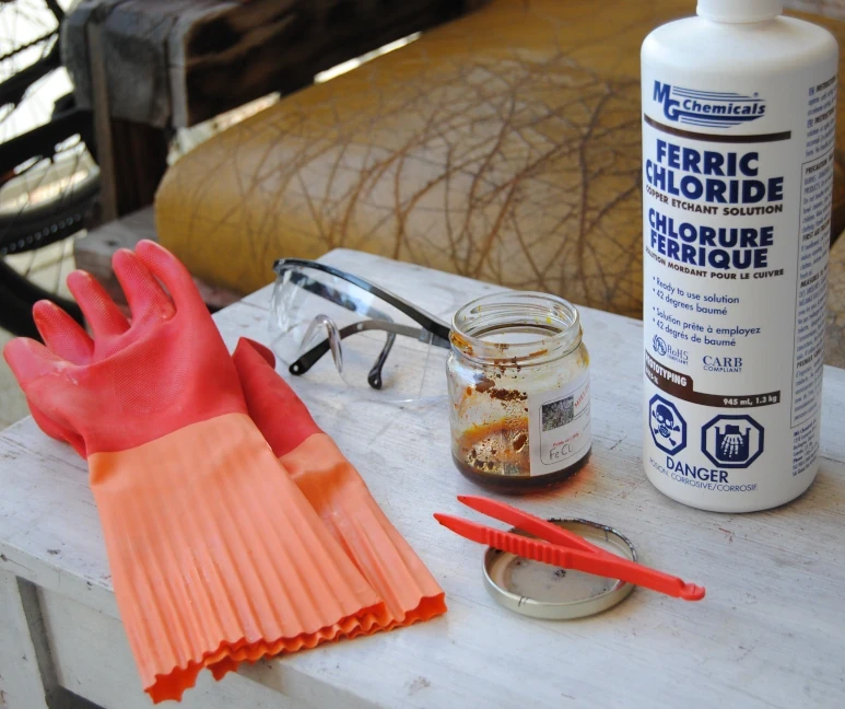 Etching the copper using ferric chloride (wear protective gloves and goggles, and plastic or glass tools).